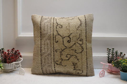 Beige Turkish Rug Pillow Cover: Vintage Boho Decor (16x16 in)