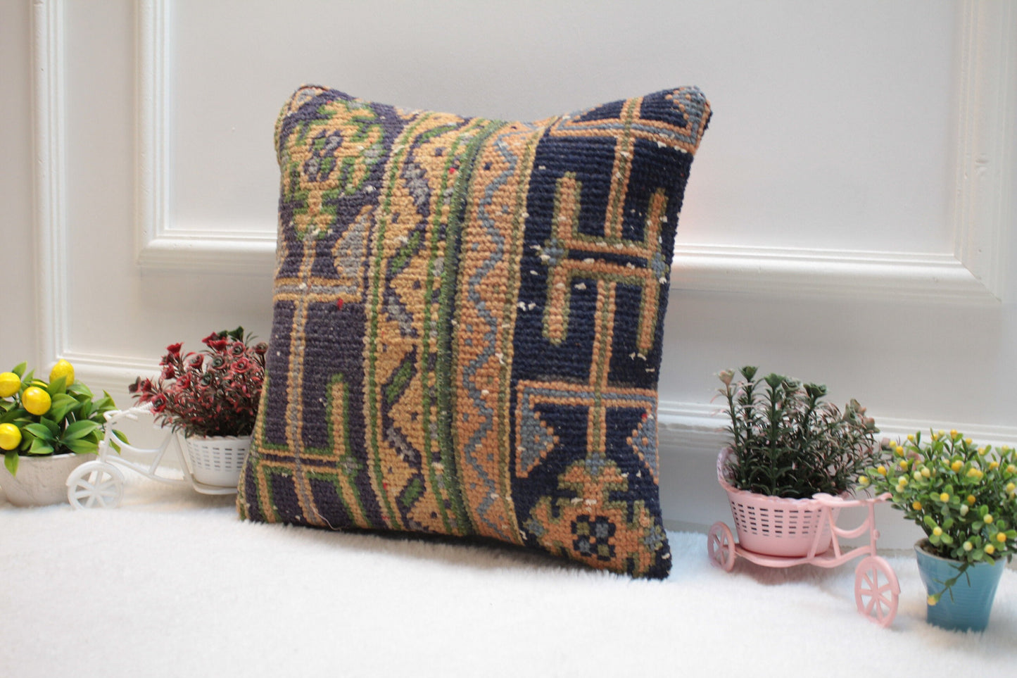 Handmade Turkish Kilim Pillow Cover: Upcycled Woven Rug, Boho Decor (16x16 inch)