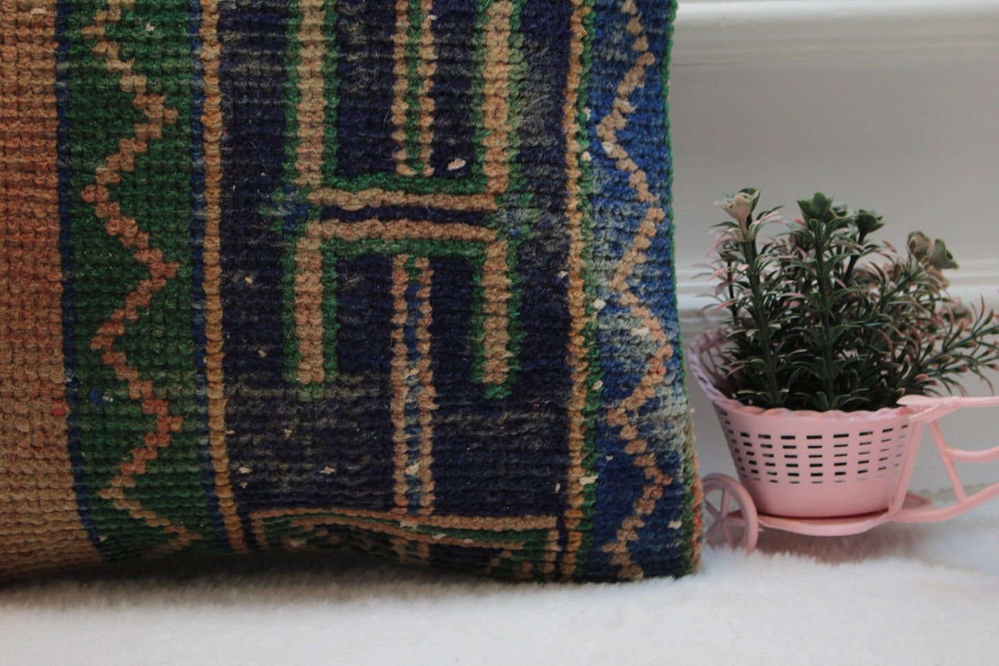 Handmade Turkish Kilim Pillow Cover: Orange & Blue Woven Rug, 16x16 inc