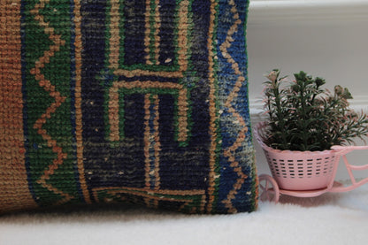 Handmade Turkish Kilim Pillow Cover: Orange & Blue Woven Rug, 16x16 inc