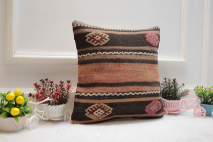 Handmade Kilim Pillow Cover: 16x16 Organic Wool, Ethnic Decor