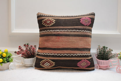 Handmade Kilim Pillow Cover: 16x16 Organic Wool, Ethnic Decor