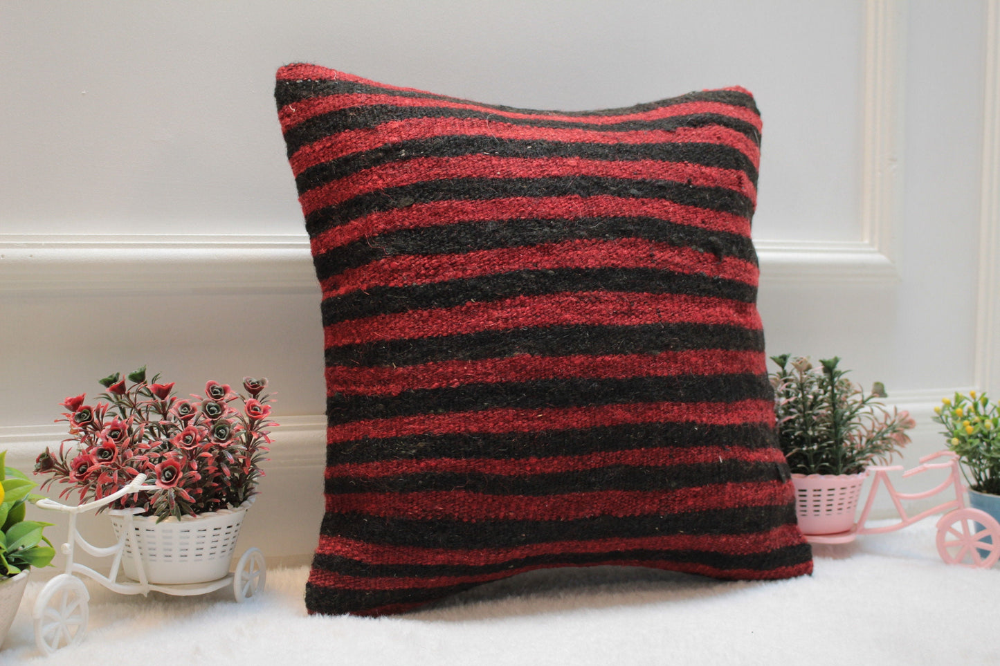 Handmade Kilim Pillow Cover: Upcycled Woven Rug, Red & Black (16x16 in)