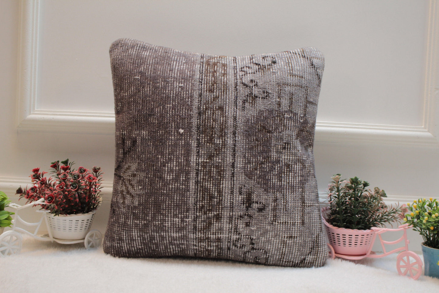 Gray Turkish Rug Pillow Cover: Upcycled Kilim, 16x16 Square