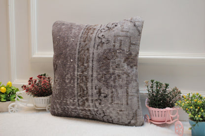 Gray Turkish Rug Pillow Cover: Upcycled Kilim, 16x16 Square