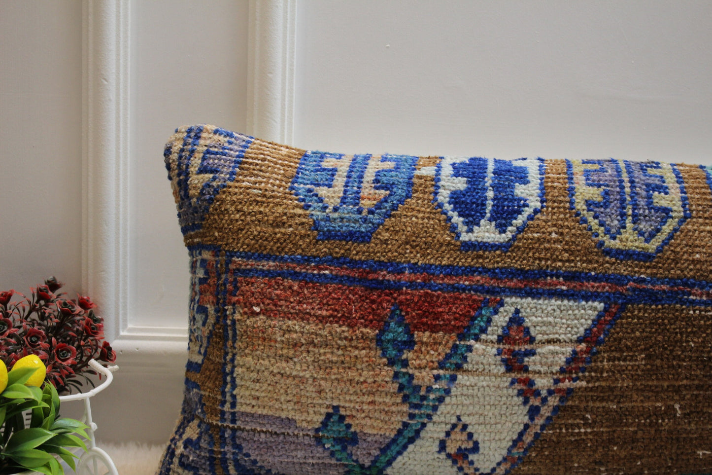 Handmade Lumbar Kilim Pillow Cover: Upcycled Rug, 12x36 inch