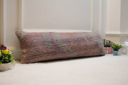 Handmade Pink Turkish Lumbar Pillow Cover: Upcycled Kilim Rug, 12x36 inch