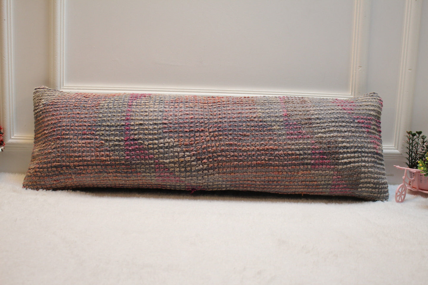 Handmade Pink Turkish Lumbar Pillow Cover: Upcycled Kilim Rug, 12x36 inch