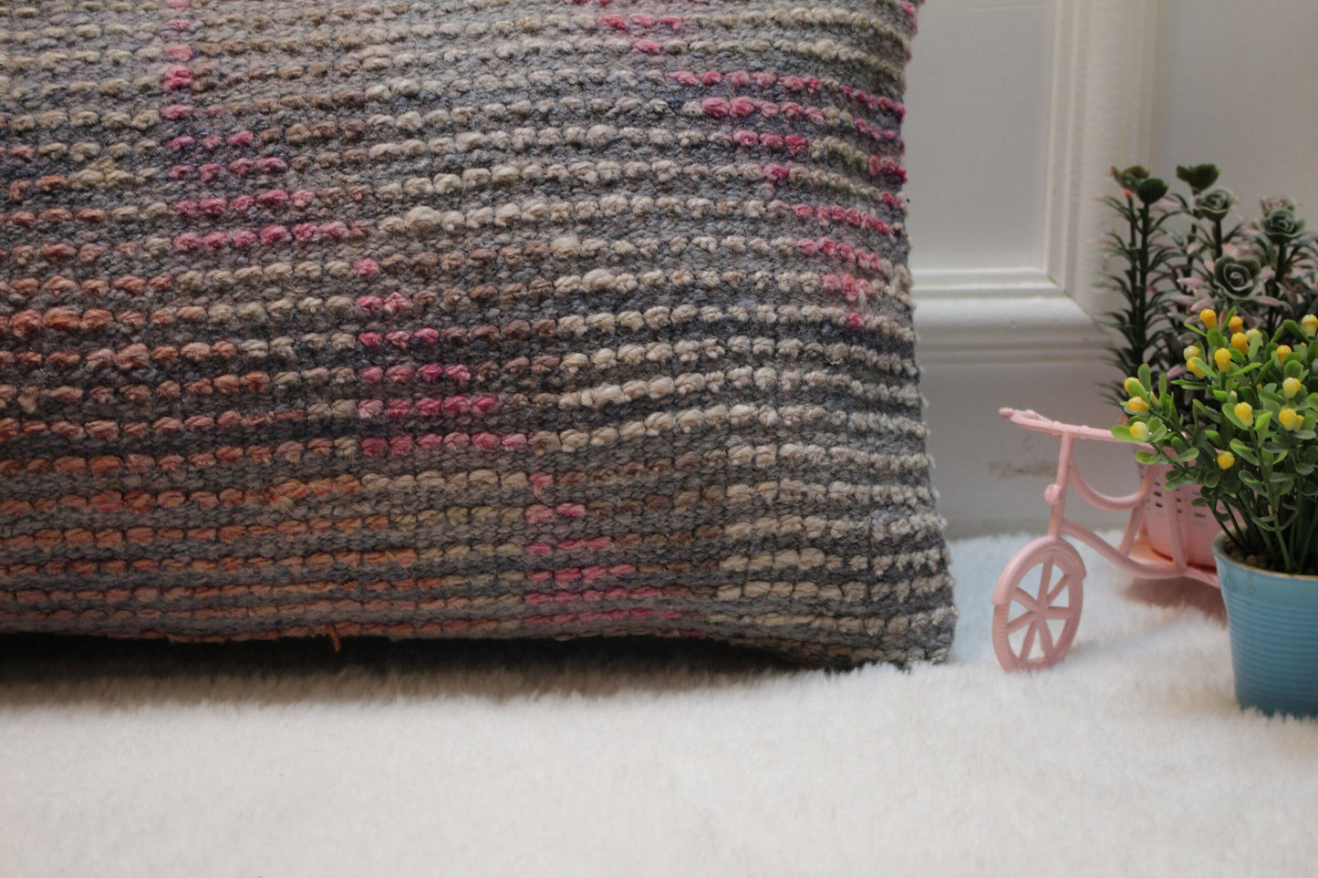 Handmade Pink Turkish Lumbar Pillow Cover: Upcycled Kilim Rug, 12x36 inch
