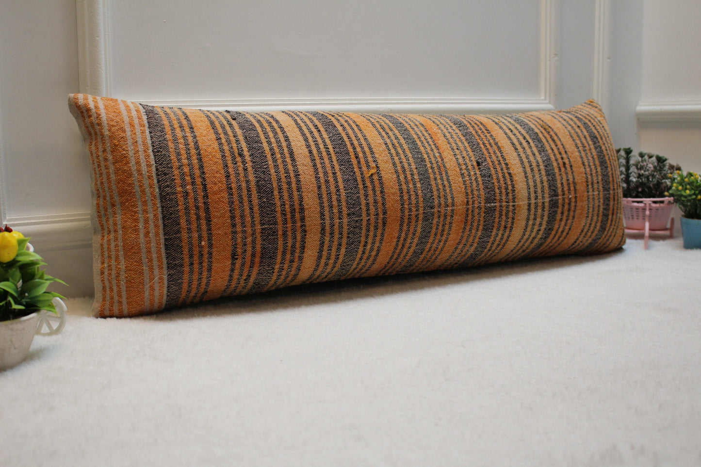 Handmade Striped Kilim Lumbar Pillow Cover: Orange Gray Woven Rug (12x36 in)