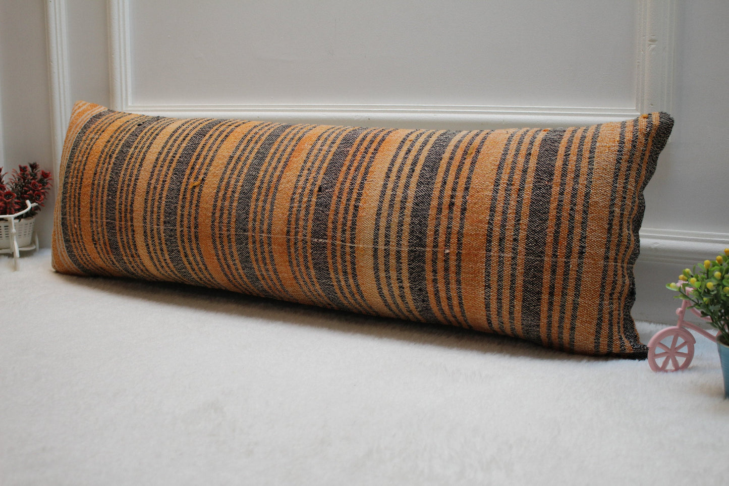Handmade Striped Kilim Lumbar Pillow Cover: Orange Gray Woven Rug (12x36 in)