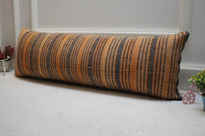 Handmade Striped Kilim Lumbar Pillow Cover: Orange Gray Woven Rug (12x36 in)