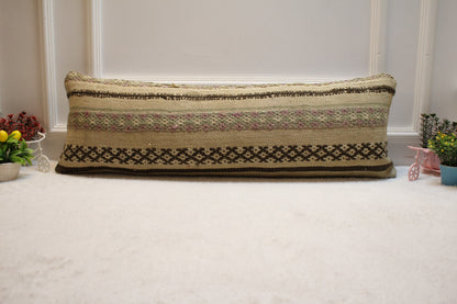 Handmade Beige Kilim Pillow Cover: Organic Wool Throw Pillow (12x36 in)