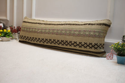 Handmade Beige Kilim Pillow Cover: Organic Wool Throw Pillow (12x36 in)
