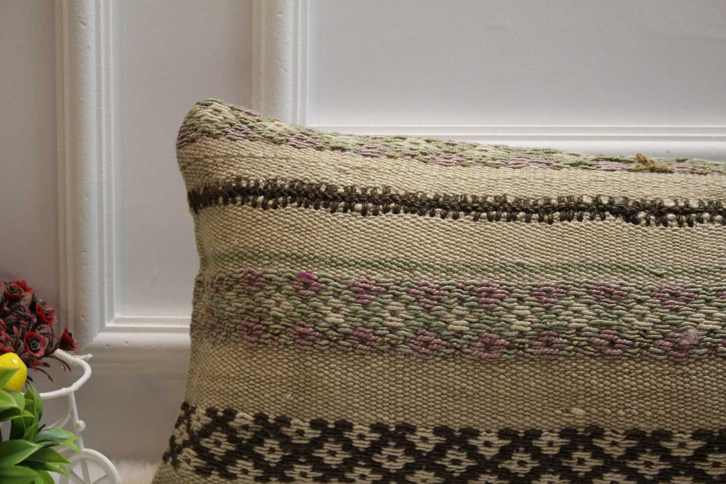 Handmade Beige Kilim Pillow Cover: Organic Wool Throw Pillow (12x36 in)
