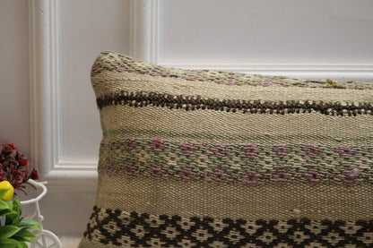 Handmade Beige Kilim Pillow Cover: Organic Wool Throw Pillow (12x36 in)
