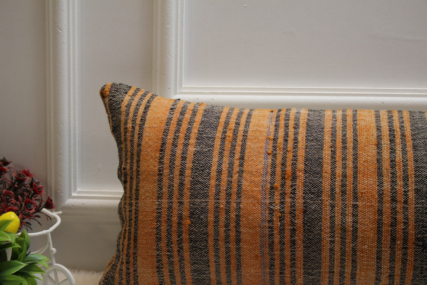 Handmade Orange Kilim Pillow Cover: Upcycled Woven Rug, 12x36 inch
