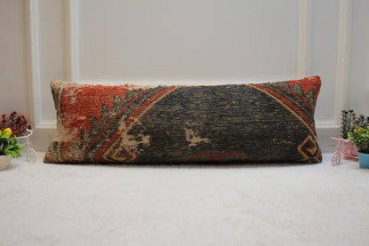 Vintage Turkish Rug Lumbar Pillow Cover: Upcycled Woven Wool (12x36 in)