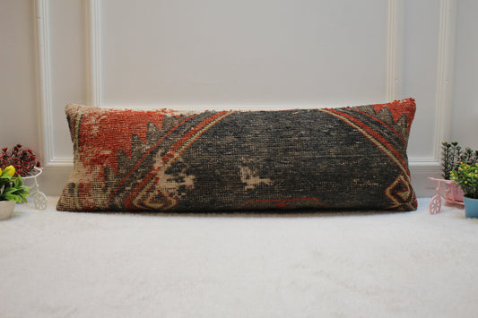 Vintage Turkish Rug Lumbar Pillow Cover: Upcycled Woven Wool (12x36 in)