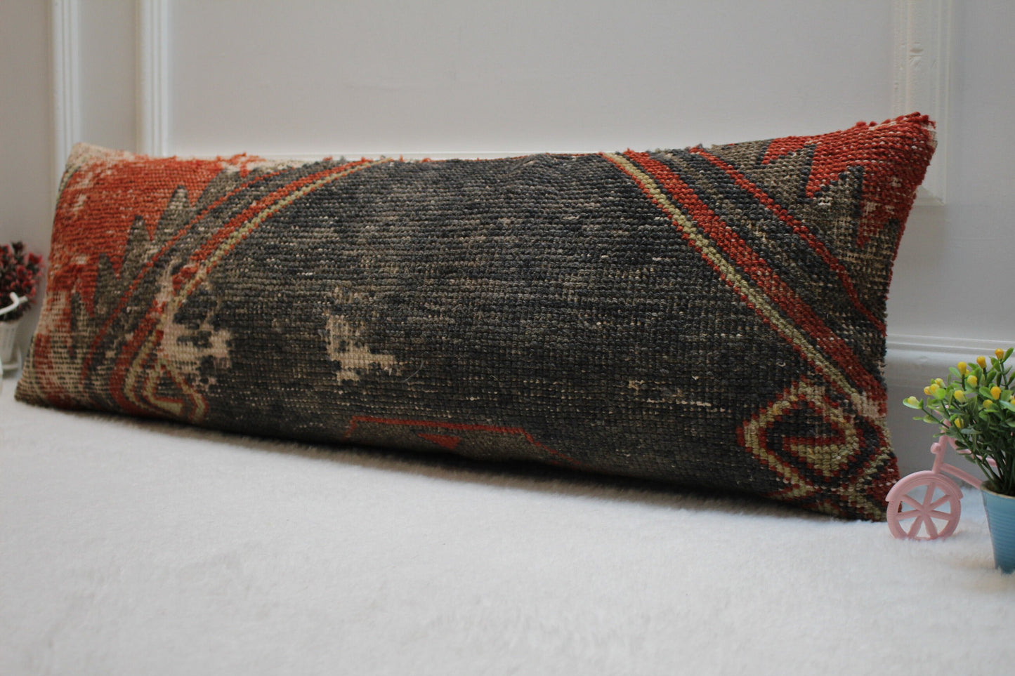 Vintage Turkish Rug Lumbar Pillow Cover: Upcycled Woven Wool (12x36 in)