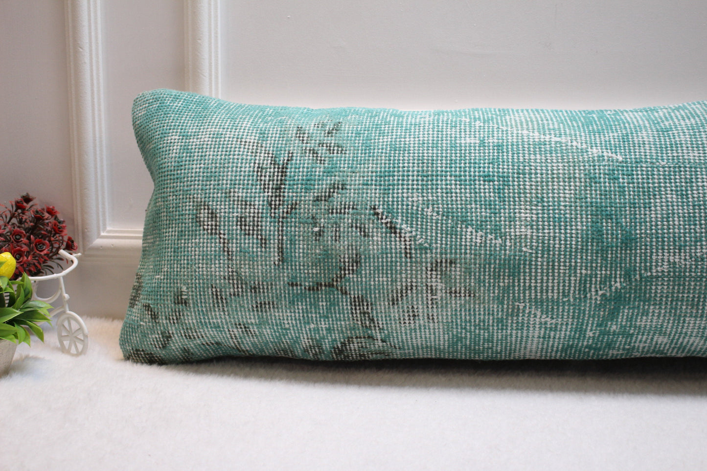 Handmade Kilim Lumbar Pillow Cover: Upcycled Woven Rug, Blue & Black (12x36 in)