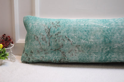 Handmade Kilim Lumbar Pillow Cover: Upcycled Woven Rug, Blue & Black (12x36 in)