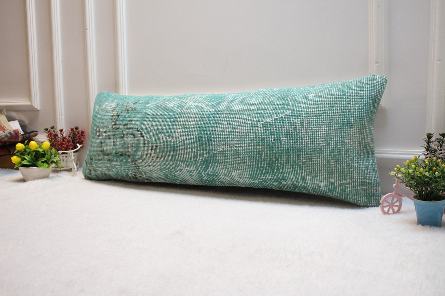Handmade Kilim Lumbar Pillow Cover: Upcycled Woven Rug, Blue & Black (12x36 in)