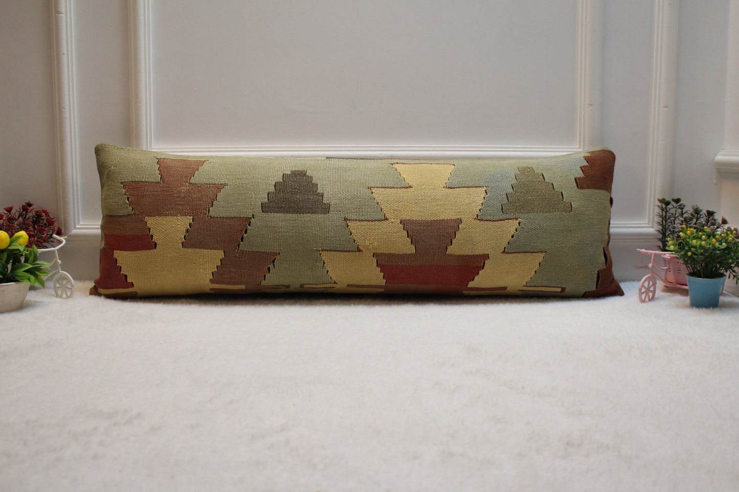 Geometric Kilim Pillow Cover 12x36: Vintage Turkish Woven Wool