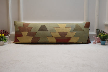 Geometric Kilim Pillow Cover 12x36: Vintage Turkish Woven Wool