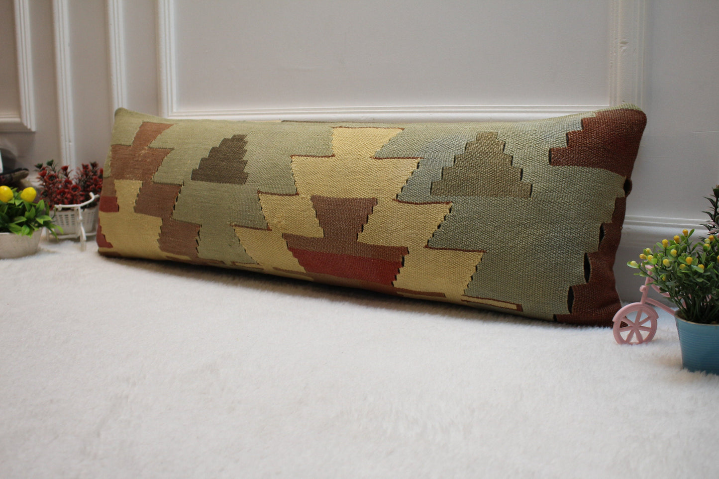 Geometric Kilim Pillow Cover 12x36: Vintage Turkish Woven Wool