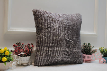 Gray Turkish Rug Pillow Cover: Handwoven Kilim, Upcycled Wool (16x16 inch)