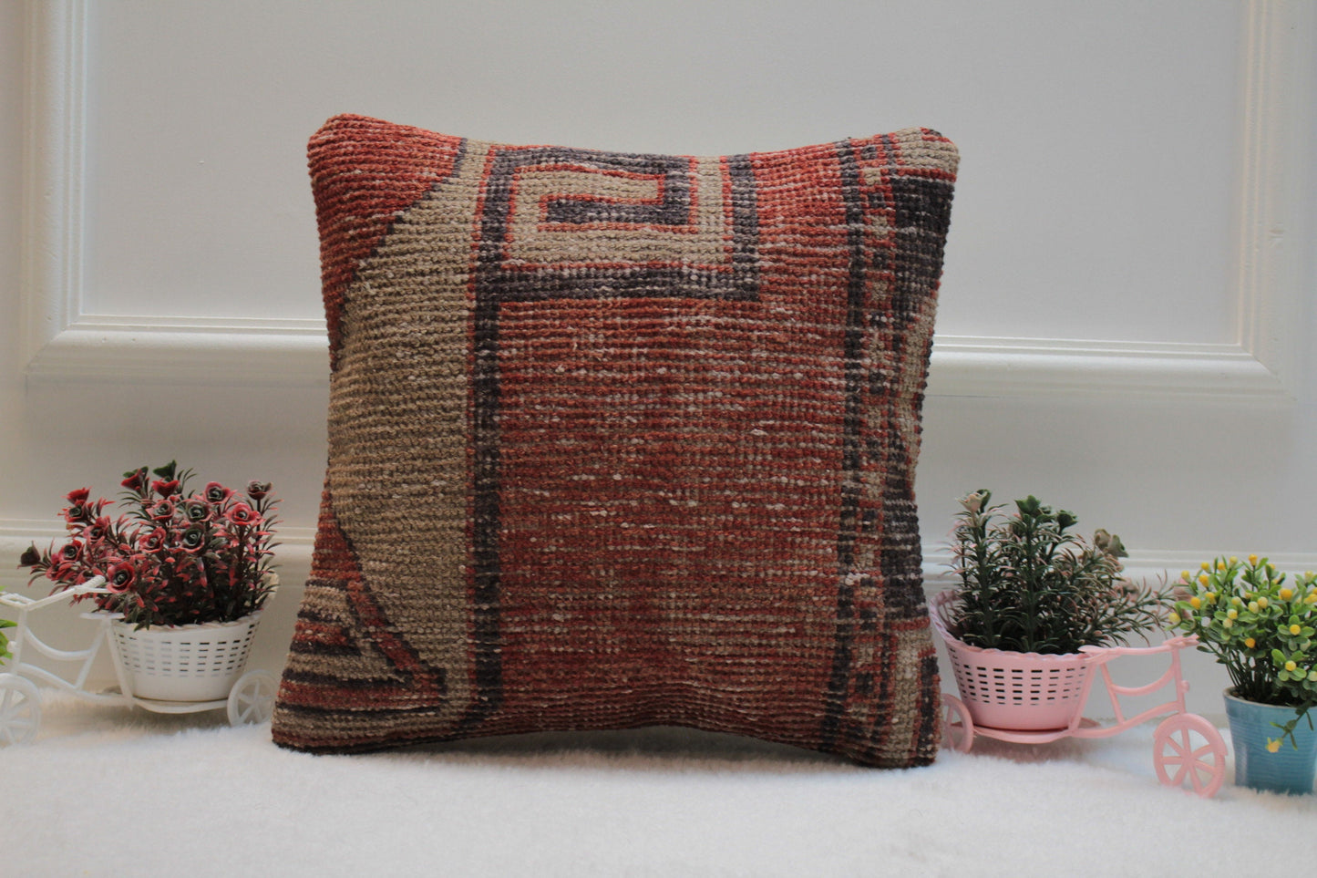 Handmade Kilim Pillow Cover: Upcycled Woven Rug, Red Beige (16X16 inc.)