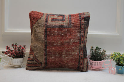 Handmade Kilim Pillow Cover: Upcycled Woven Rug, Red Beige (16X16 inc.)