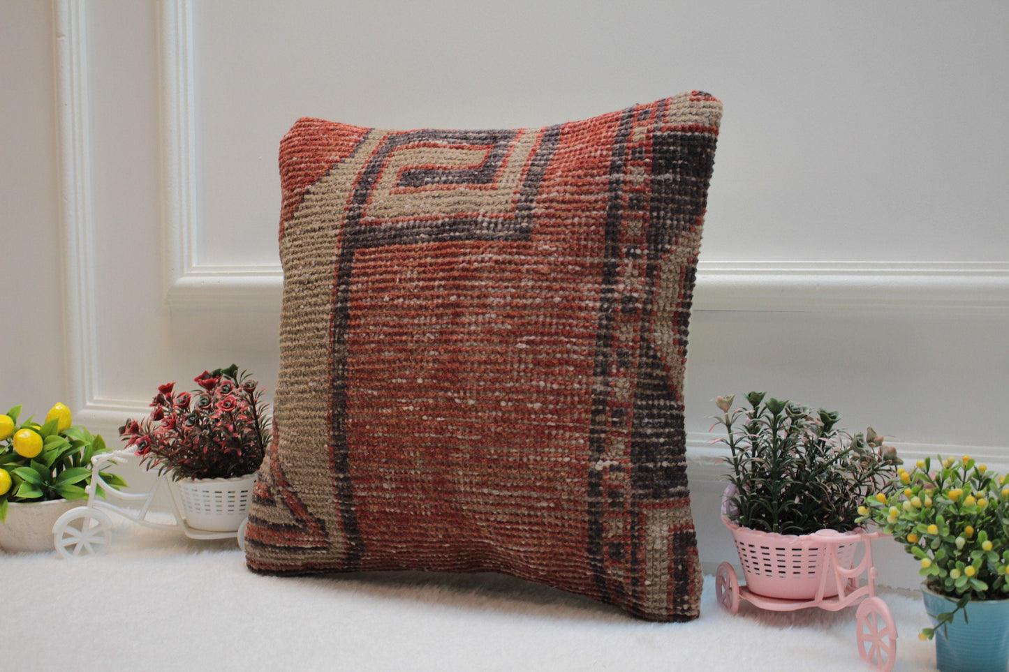 Handmade Kilim Pillow Cover: Upcycled Woven Rug, Red Beige (16X16 inc.)