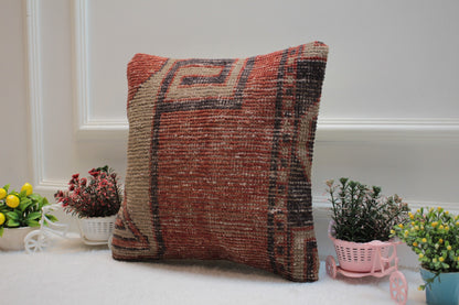 Handmade Kilim Pillow Cover: Upcycled Woven Rug, Red Beige (16X16 inc.)
