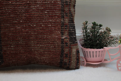 Handmade Kilim Pillow Cover: Upcycled Woven Rug, Red Beige (16X16 inc.)