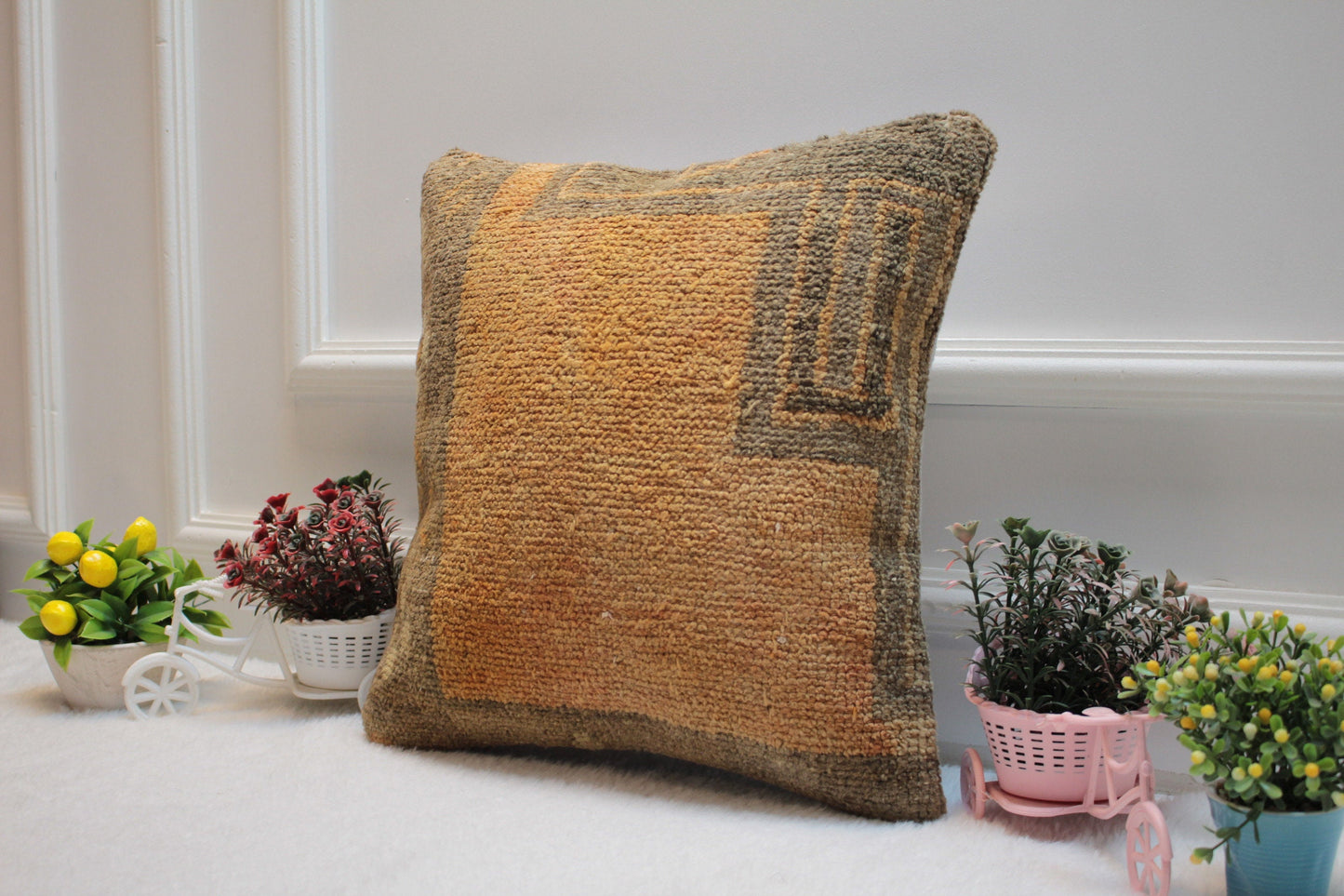 Handmade Turkish Rug Pillow Cover: Upcycled Woven Wool, 16x16 inch