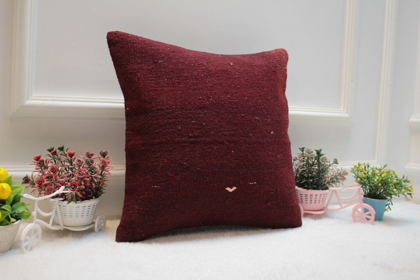 Red Kilim Pillow Cover: 16x16 Square Vintage Turkish Wool