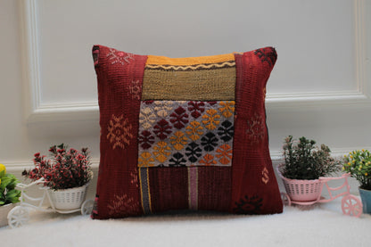 Handmade Patchwork Kilim Pillow Cover: Upcycled Woven Rug, 16x16 inch