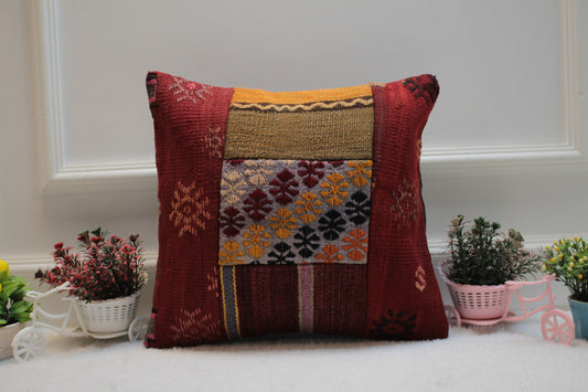 Handmade Patchwork Kilim Pillow Cover: Upcycled Woven Rug, 16x16 inch