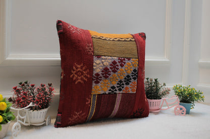 Handmade Patchwork Kilim Pillow Cover: Upcycled Woven Rug, 16x16 inch
