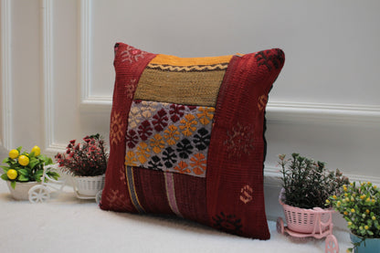 Handmade Patchwork Kilim Pillow Cover: Upcycled Woven Rug, 16x16 inch