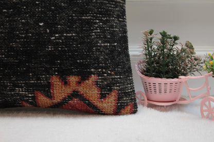 Handmade Kilim Pillow Cover: Upcycled Woven Rug, Black & Red (16x16 in)