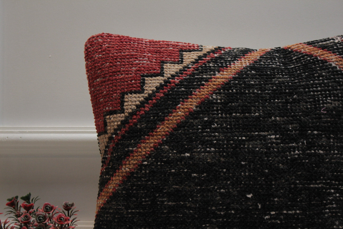 Handmade Kilim Pillow Cover: Upcycled Woven Rug, Black & Red (16x16 in)
