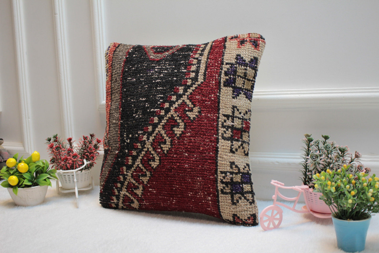 Handmade Turkish Kilim Pillow Cover: Upcycled Woven Wool, 16x16 inch