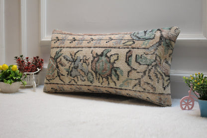 Floral Turkish Rug Lumbar Pillow Cover: Upcycled Wool, 12x24 inc