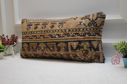 Handmade Lumbar Kilim Pillow Cover: Upcycled Woven Rug, 12x24 inch