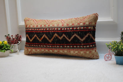 Handmade Wool Lumbar Pillow: Organic Anatolian Rug, Boho Decor (12x24 inc)