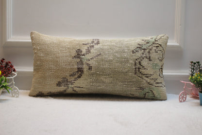 Vintage Turkish Rug Lumbar Pillow Cover: 12x24 inc, Beige Brown