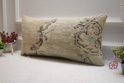 Vintage Turkish Rug Lumbar Pillow Cover: 12x24 inc, Beige Brown